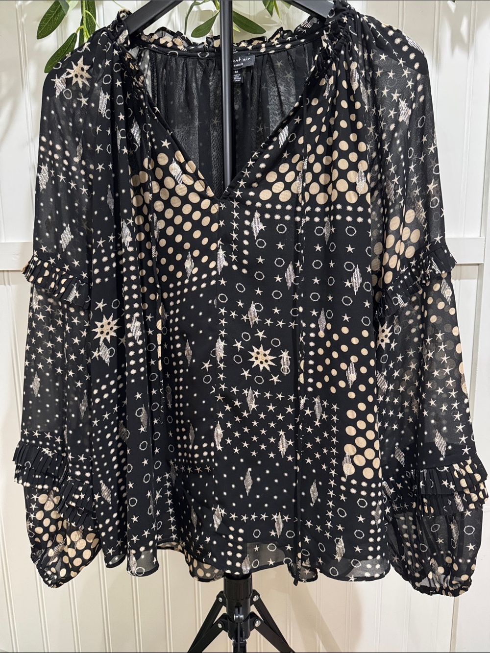 #534 Anthropologie CURRENT AIR Black Celestial Patterned Ruffle Sleeve Blouse - Picture 3 of 11